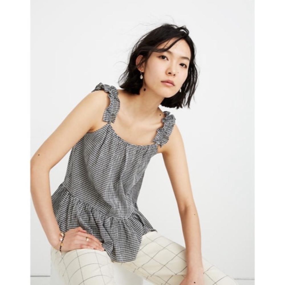 Madewell black and whit checkered ruffle sleeve tank 6 Medium - Picture 2 of 4